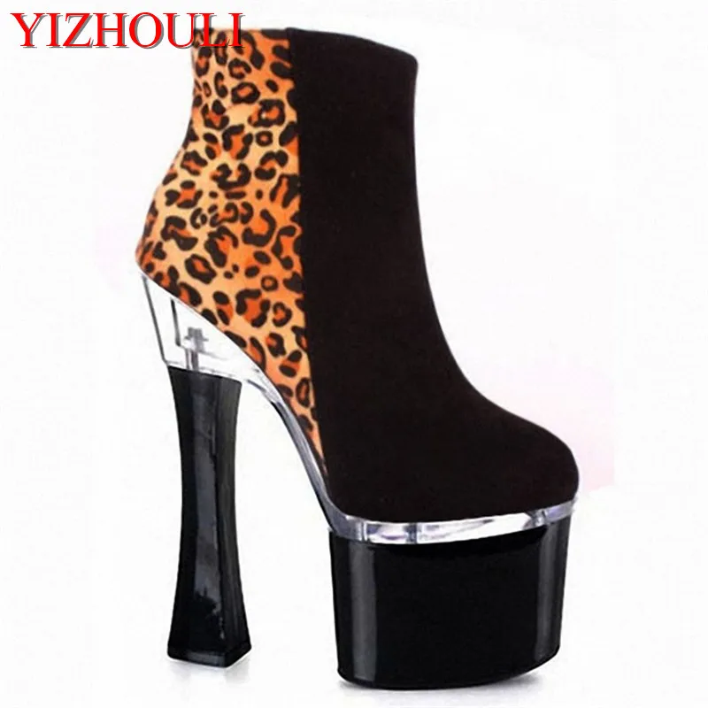 Wholesale18-20cm/модни леопардовые обувки на платформа, 8 инча, зима-есен, пикантни женски ботильоны на висок ток, класически официални къси ботуши