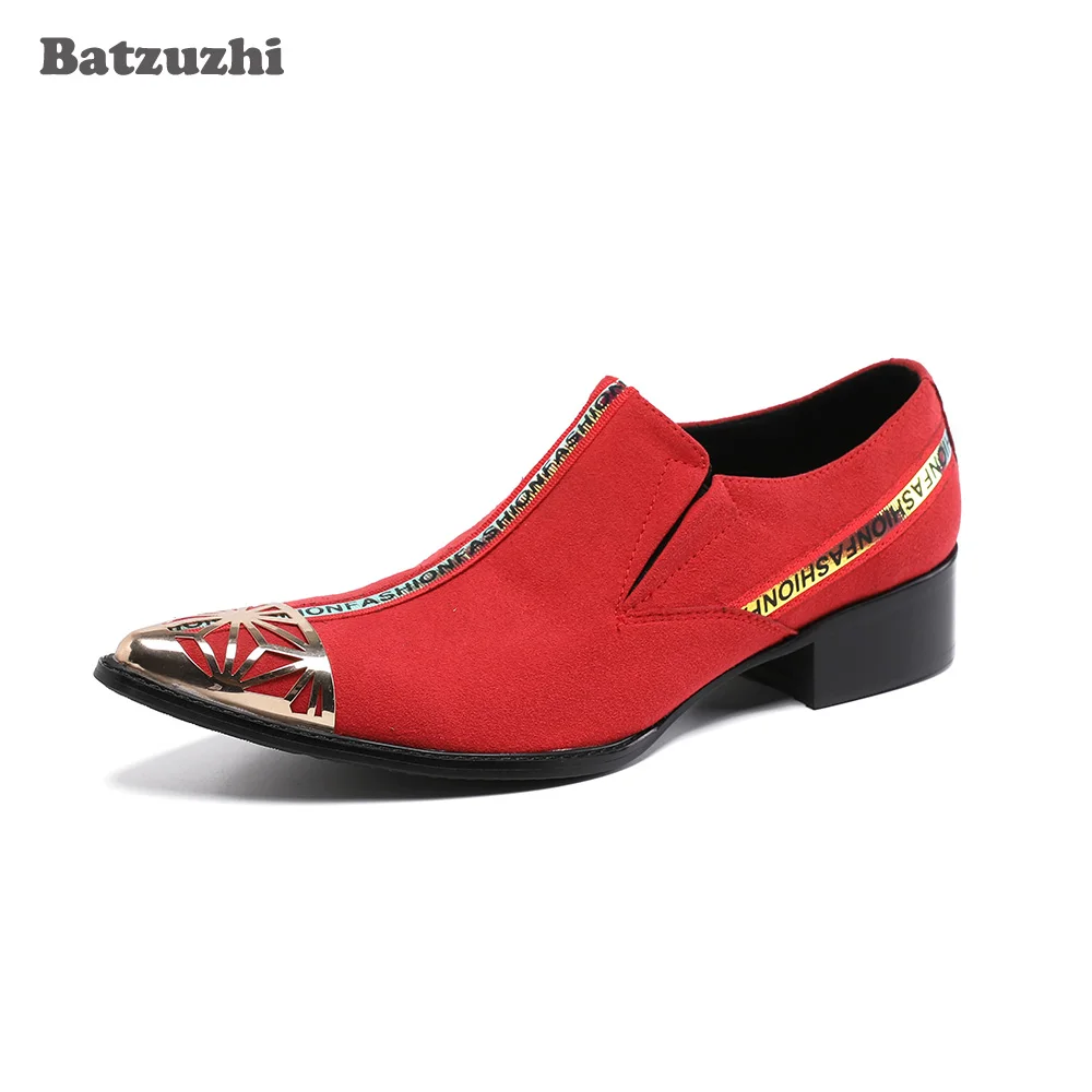 Batzuzhi/Нова дизайнерска мъжки обувки; модел обувки от естествена кожа с остър метален пръсти; мъжки червени официални бизнес/Вечерни и сватбени обувки