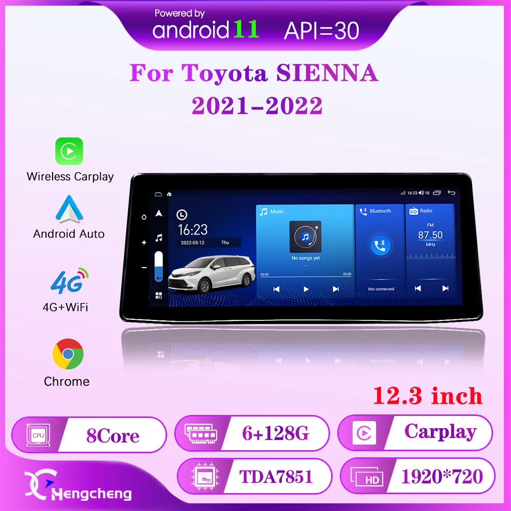 12,3 инча За Toyota SIENNA 2021 2022 Авто Интелигентен Мултимедиен Плейър GPS Навигация Радио Android 11 6 + 128 Г Carplay 4G