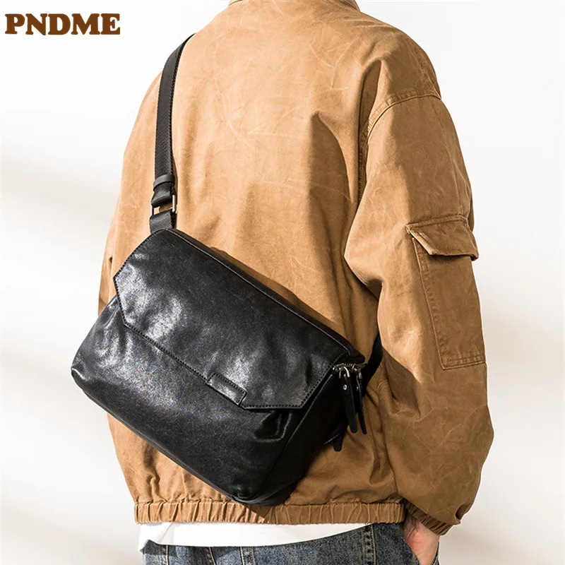 PNDME градинска ежедневни мъжки черна чанта-месинджър от естествена кожа, простата луксозна натурална мека ежедневна чанта от естествена телешка кожа