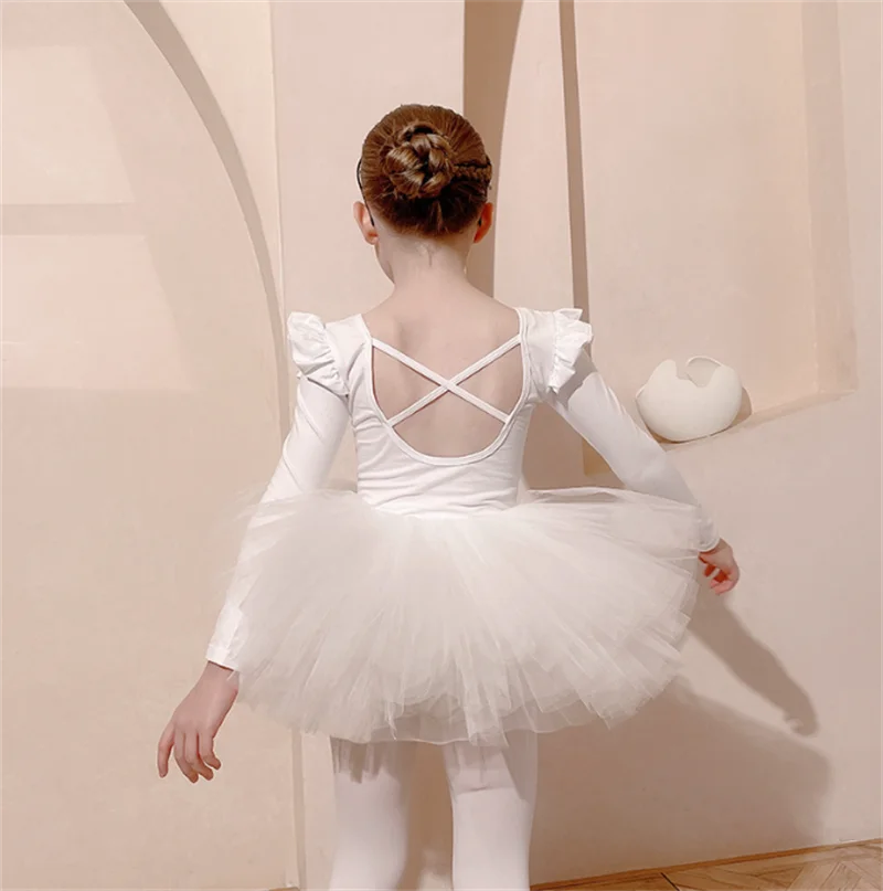 Бяла детска модерен балет дрехи с дълъг ръкав за изказвания, дрехи за страхотни танци за момичета, Цели облекло