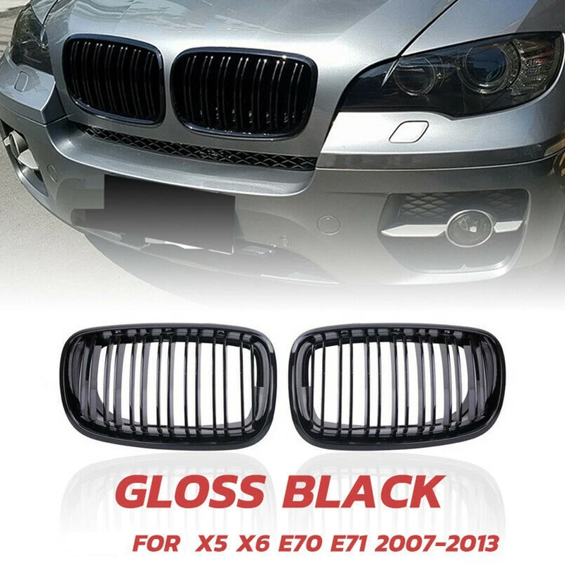 Решетка X5 X6, предната решетка с двойна линия на бъбреците за 2007-2013-BMW X5 E70 X6 E71 (ABS Лъскава черна решетка, комплект от 2 теми) 0