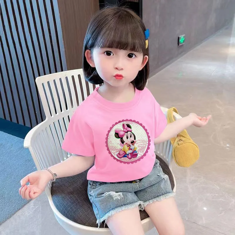 Детски памучен t риза, модни тениски с подсветка за момичета, тениски с изображение на Мики Маус, водоустойчив лесен детска жилетка топ с подсветка и кръгло деколте