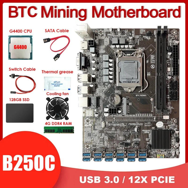 B250C 12USB БТК дънна Платка за майнинга LGA1151 + процесор G4400 + Оперативна памет 4G DDR4 + 128 Г SSD + Вентилатор за процесор + Термопаста + Кабел ключ + Кабел SATA 0