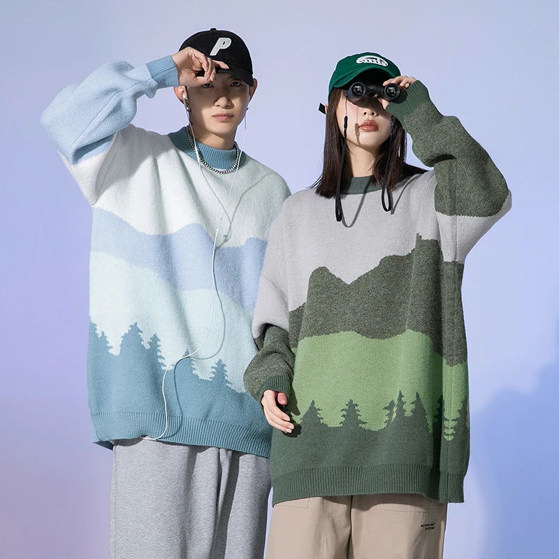 Японски 2021 мъжката есенно-зимния нов пуловер в стил харадзюку с абстрактен модел, вязаный контрастен пуловер с кръгло деколте, пуловер