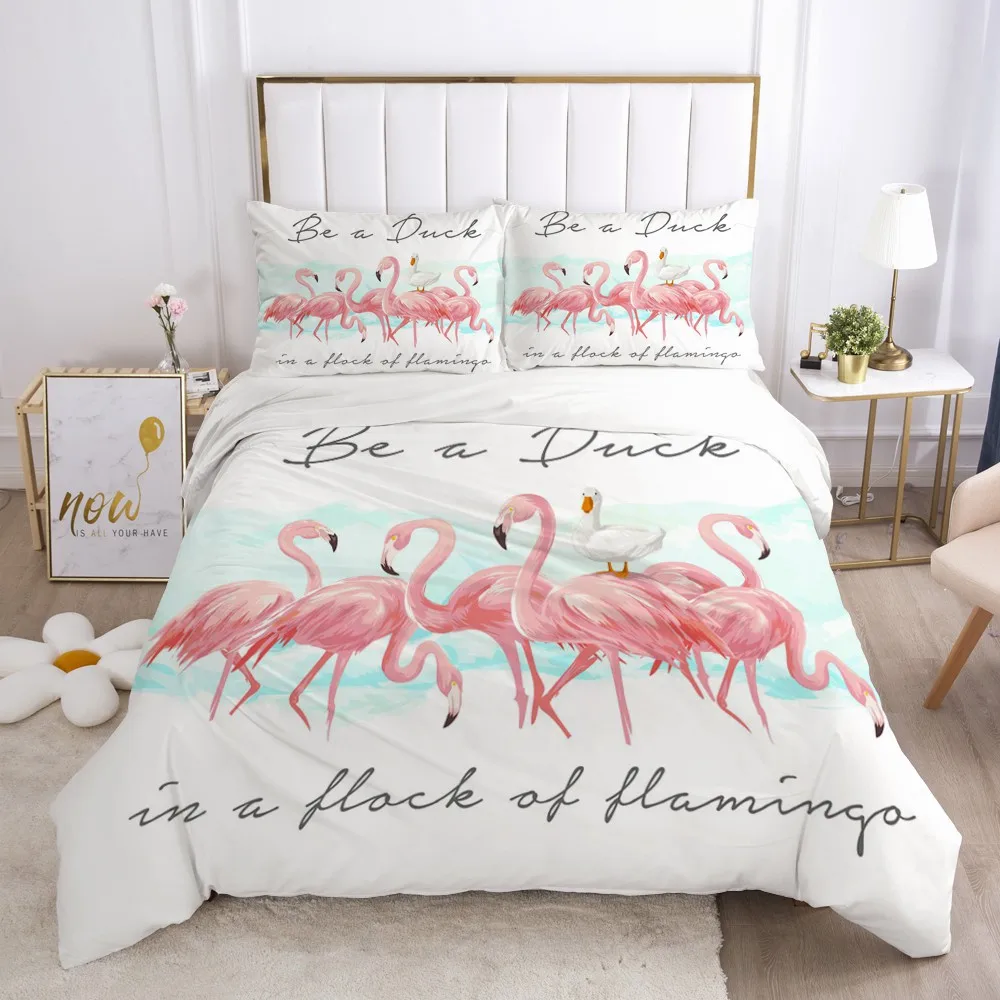 3D луксозно спално бельо Комплект постелки Одеяло комплект воали чаршаф евро 2,0 1,5 за семеен домашен Спално бельо 7 бр. Скандинавски стил фламинго