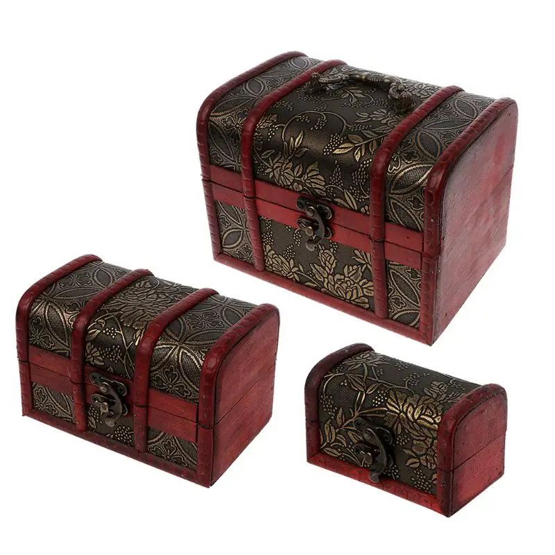 3ШТ Различни Размери Стари Дървени Кутии За Съхранение на Пиратския Сандък Със Съкровища Ковчег За Бижута