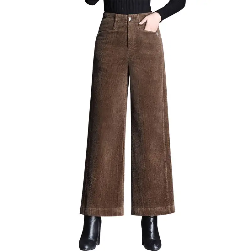Есенно-зимни нови ежедневни тънки преки свободни дамски модни обикновена вельветовые широки панталони с висока талия голям размер