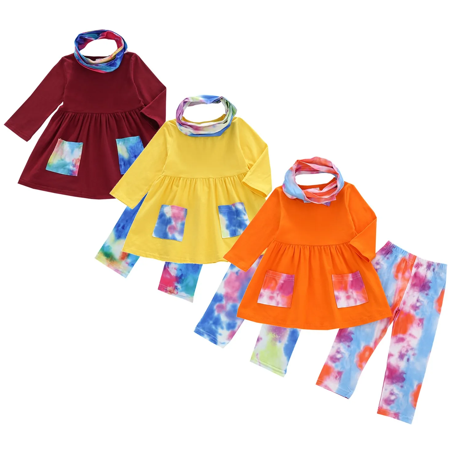 Комплекти дрехи за малките момичета, Блузи с дълъг ръкав, Дълги панталони и вратовръзка, Шал, Комплект детски дрехи от 3 теми, от 2 до 7 години