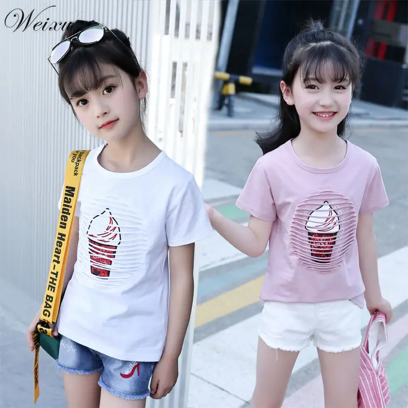 Weixu/ летни тениски за малки момичета, Детски Сладолед, Пайети, Къс Ръкав, Бял Памук Топ, тениски, Дрехи за Тийнейджъри 12 години