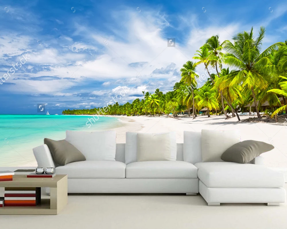 Потребителски тапети за декориране на дома, Кокосови палми, бял пясъчен плаж, природен пейзаж за хола спални фон
