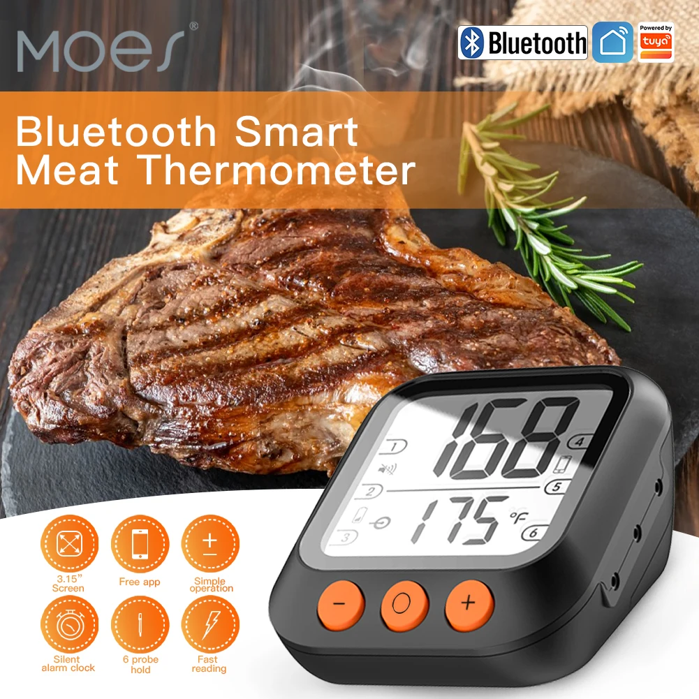 Термометър за храна MOES, Bluetooth Умен Термометър за барбекю, Хранително-вкусовата сонда за барбекю, фурна, печене и готвене, Таймер и Sasha SmartAlarm