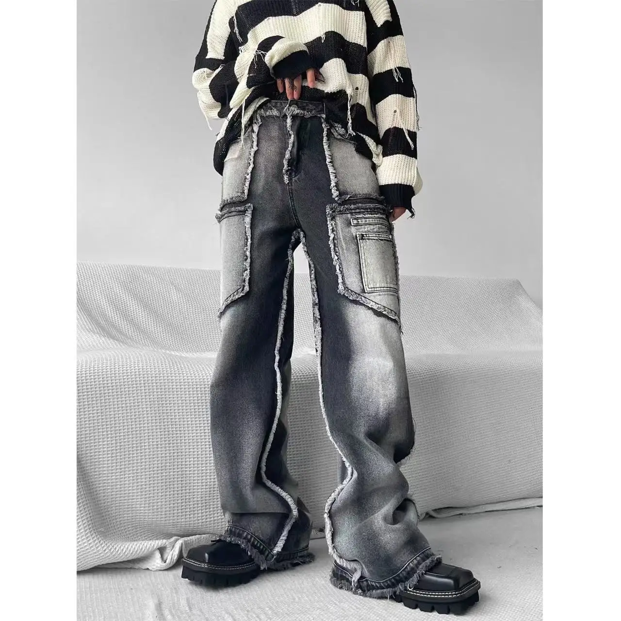2022 Мъжки Реколта дънки за Пране на мода Тенденция на Широки Панталони, Безплатни Ежедневни Панталони с Черен Цвят, с високо качество Панталони S-4XL
