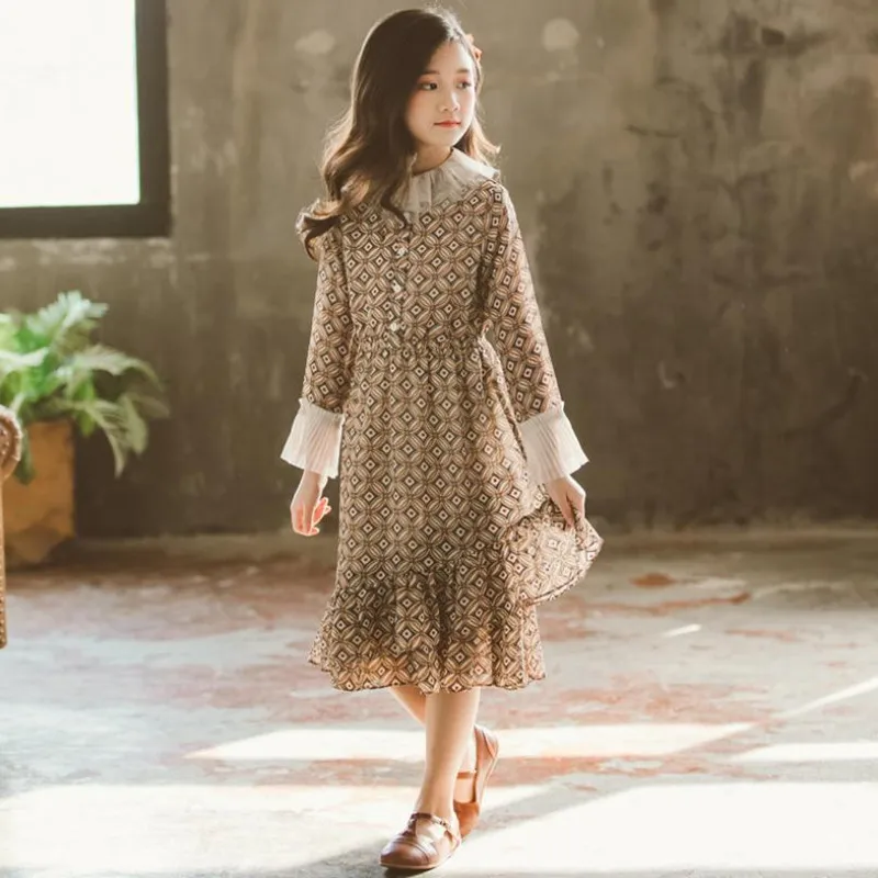 DFXD/ Шифоновое рокля за момичета в корейски стил, 2020 Пролетното Модно Рокля с изгорени ръкави и Принтом, нарушения на сърдечния Плиссированное Принцеса Рокля от 5 до 14 години, Дрехи за Големи момичета