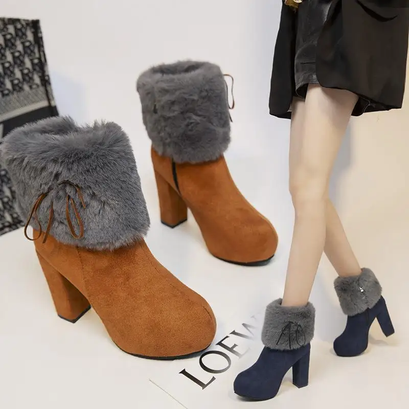 Зимните плюшени обувки големи размери; сезон есен-зима; новост 2023 г.; черни дамски Обувки; Запазване на топлина обувки на дебелите ток; Bottes De Neige En Peluche
