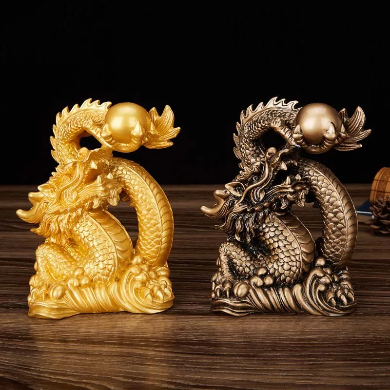 Смола Щастлив Дракон Скулптура Статуя на Китайски талисман Tamron декорации и аксесоари за декорация на дома Златист цвят и антични мед