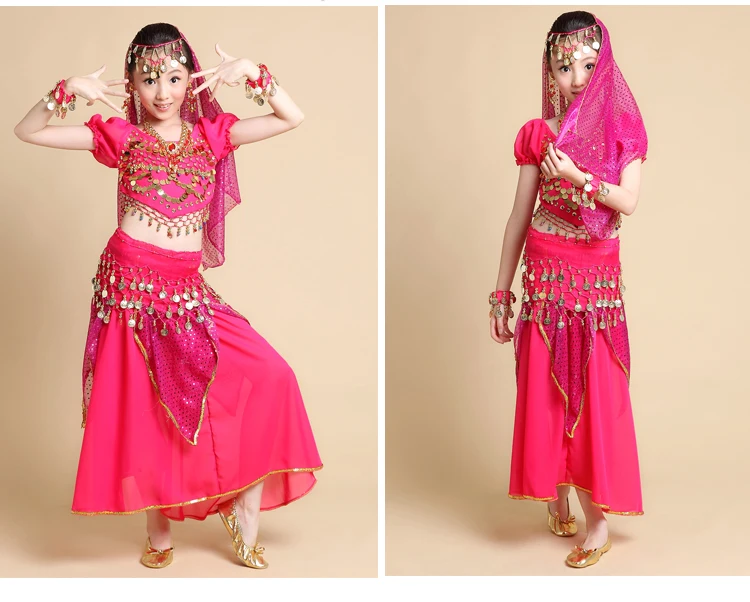 Детски танц на корема, детски индийски танц, женски, детски костюм с къси ръкави, пола, Топ, Панталон, Пояс, превръзка на главата и гривна, 3 цвята размери S/M/L