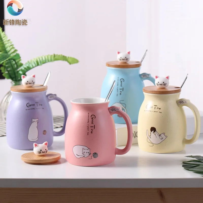 Креативен цветен котка термостойкая чаша карикатура с капак 450 мл чаша коте кафе керамични чаши детска чаша офис на Съдове за Напитки подарък