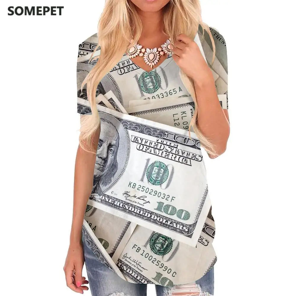 Тениска SOMEPET Dollar, Дамски Тениски с Паричен Принтом, Креативна Тениска с V-образно деколте, Готини тениски, 3d Дамски Дрехи в стил пънк-Рок