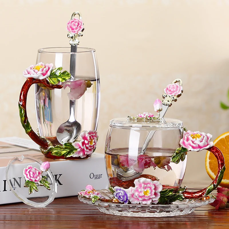 Божур цвете эмалированная чаша кристалното стъкло с капак, чаша домакински чаена чаша кафе, чаша за Празничен подарък на приятели Битови чаши за кафе 0