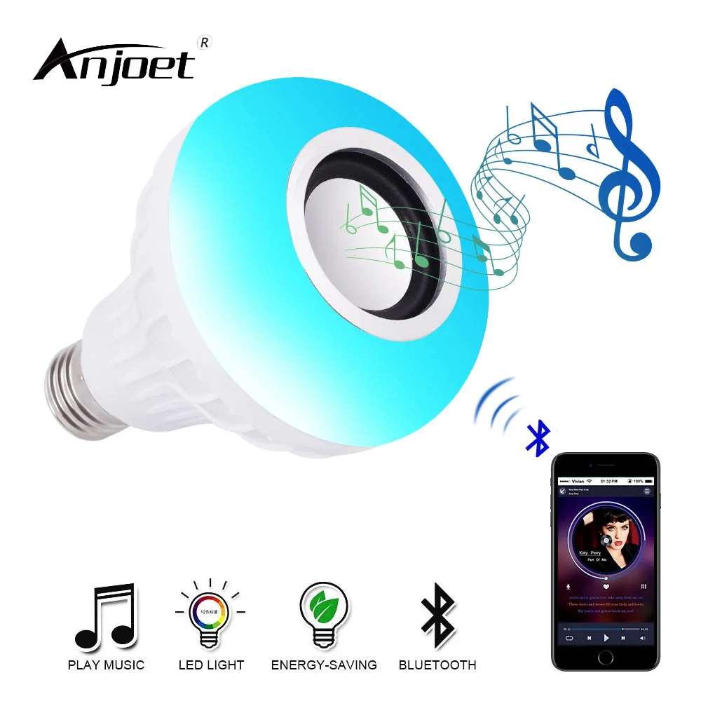 ANJOET Bluetooth Led Лампа с Регулируема Яркост Аудио Говорител Промяна на Цвета RGB E27 База Умен Музикален Лампа с 24 Клавиши IR Контролер 0