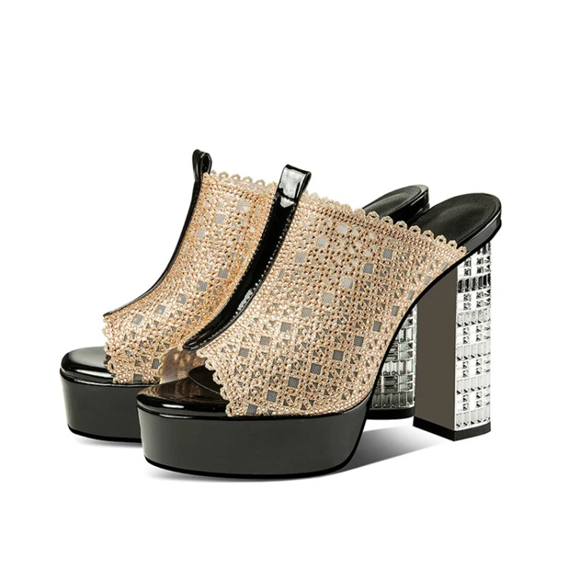 Пикантен дамски обувки от естествена кожа, с мрежа, кристали украсяват Странен Стил, Ненавистные Скай-Високи Чехли, Лятна Мода обувки 0