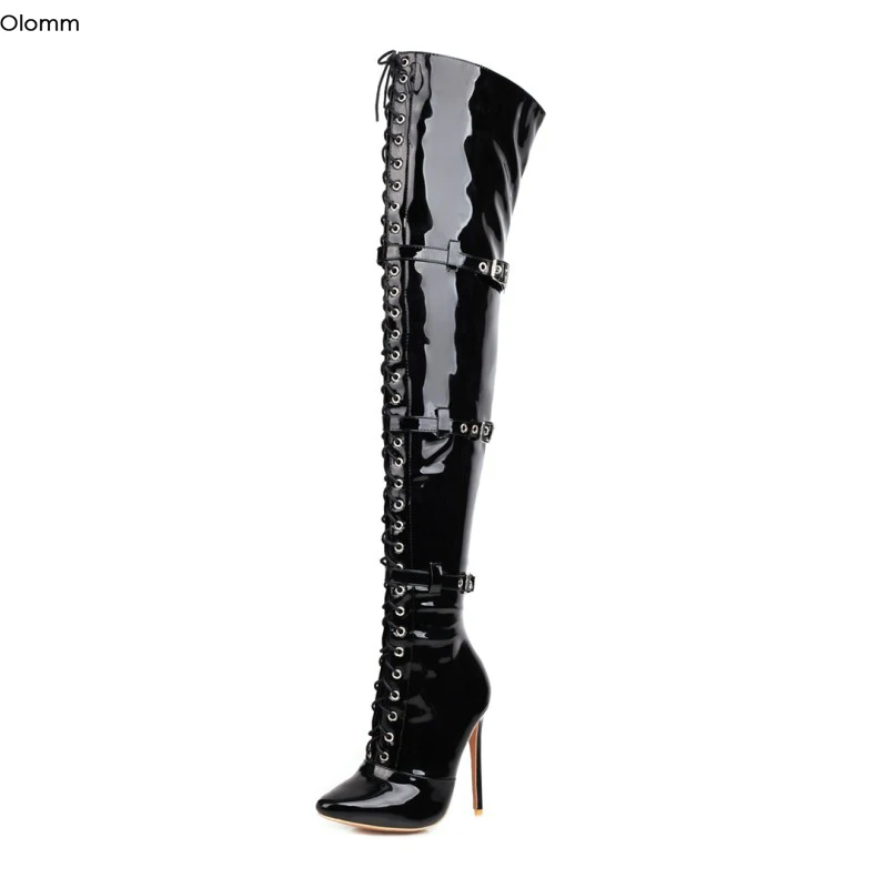 Olomm/ женски ботфорты над коляното ръчно изработени, Пикантен дамски обувки на висок ток с остър пръсти, бели, Червени, черни, за нощен клуб, по-големи размери САЩ, 4-16
