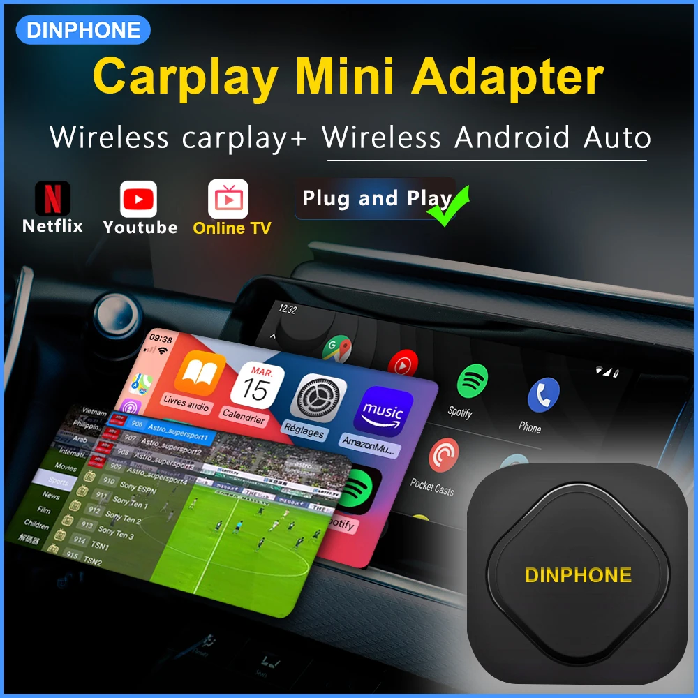 DINPHONE Нов Безжичен Carplay Ai Box Android Auto Adapter Play TV Channel Streaming Box За Кола