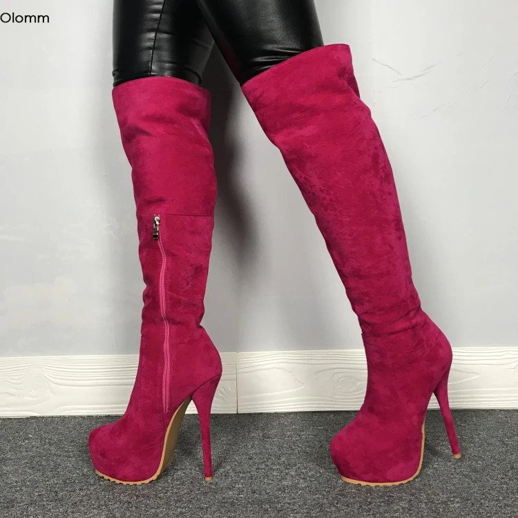 Olomm/Нови дамски ботфорты над коляното на платформата, чубрица ботуши на тънък висок ток с кръгла пръсти, очарователен червени вечерни обувки, дамски големи размери САЩ 5-15