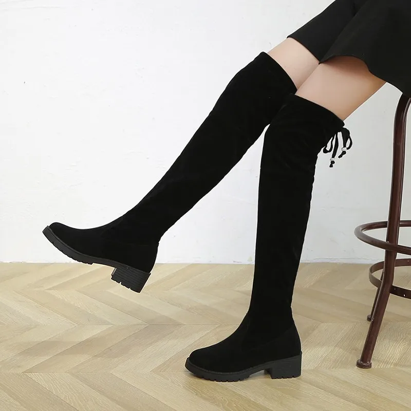Есенно-зимни дамски ботфорты над коляното, Модни лаконичная замшевая Кожена Стрейчевая обувки Ytmtloy с Кръгло бомбе, Botines De Mujer, Чубрица