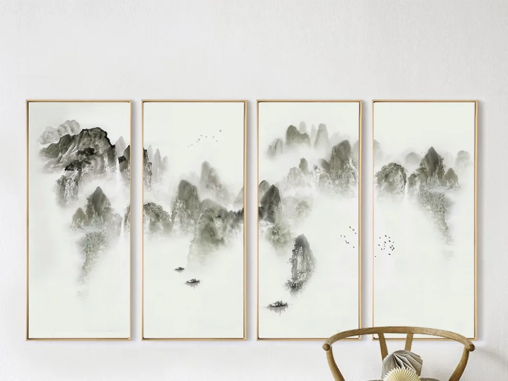 Нов пейзаж китайски мастило Misty Дзен декоративна живопис без рамка в рамките на четири