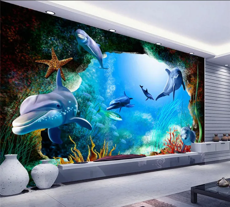 Потребителски 3D Фото Тапети Декорации За Стени Океан Морското Дъно на Пещерата Карикатура Делфин Стенни Рисувани Детски Тапети Декор на Детска Стая