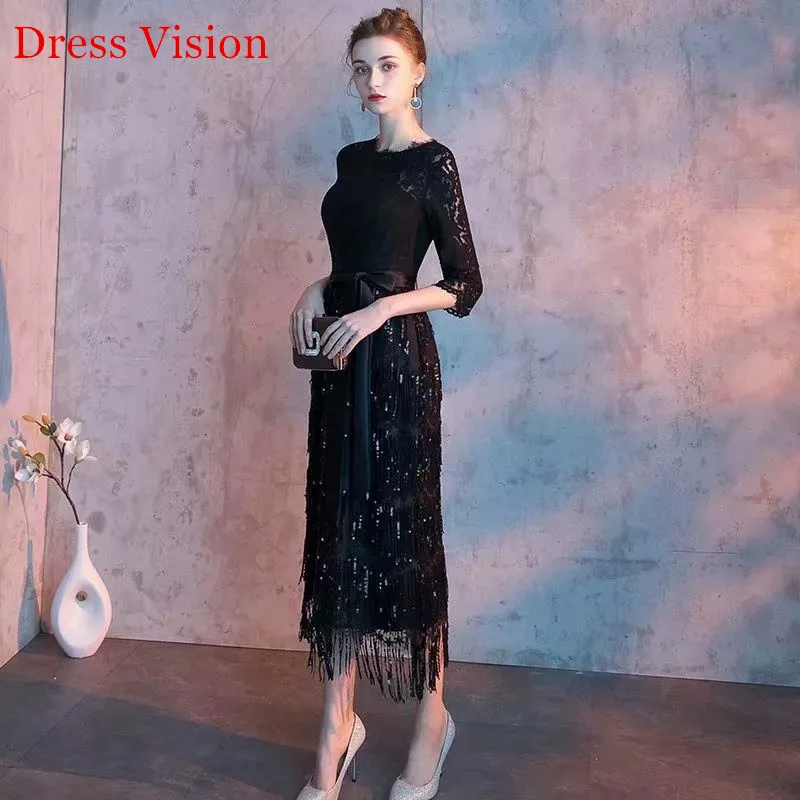 Robe De Soiree Hot Sale Black Tassel Prom Dresses Half Sleeve O-Neck Party Gowns вечерна рокля