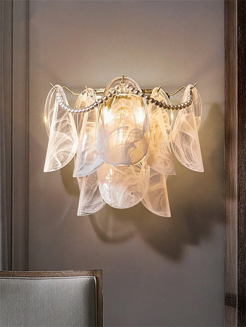 Луксозен лист облачна стъкло, стенни лампи за спалня, нощни осветителни тела за хол, френското съвременно стъкло, led декоративно осветление, стенни аплици, осветителни тела 0