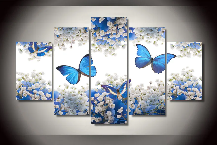 HD Печатни 5 бр платно изкуство синя пеперуда хол разтегателен фон стенни Живопис декоративни картини Безплатна доставка 0