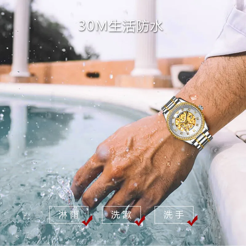 AILANG нови автентични механични часовници с диаманти, автоматични мъжки часовници, водоустойчиви тенденция на известни марки кухи мъжки часовник