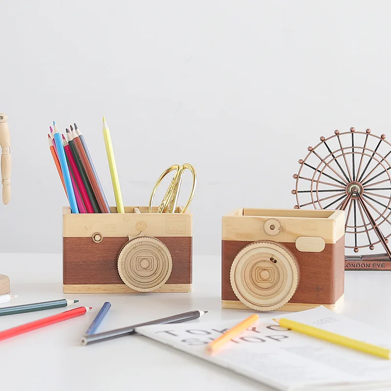 Нов креативен дървен държач за писалка за фотоапарати, Домашен офис маса, индивидуално украса, кутия за съхранение на четки за грим 0