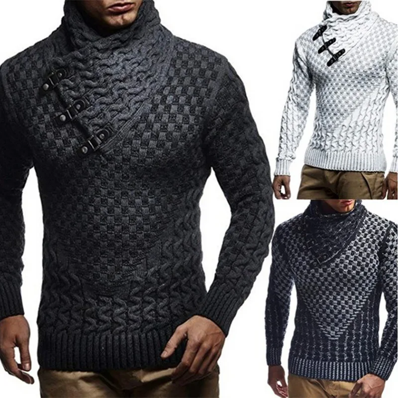 2021 Европейски и Американски Мъжки Пуловер Вязаный Пуловер Модерен Тънък Пуловер с Висока Воротом 0
