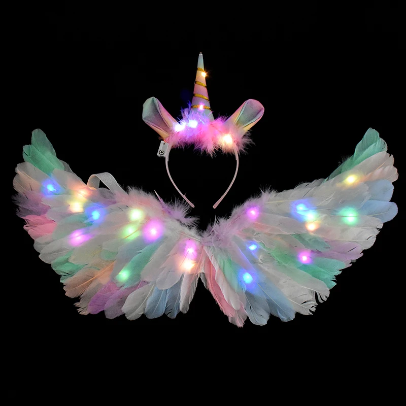 Цвят на светодиодите Ангел перо крила за момичета Еднорог, Halo превръзка Фея нож светлинна подпори cosplay партия костюм, светещи аксесоари 0