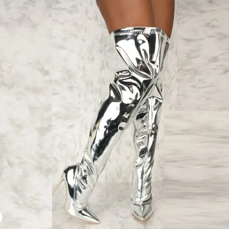 Дамски обувки на Огледално-рефлексен платформа с остри пръсти, ботуши над коляното на Висок тънък ток в стил пънк, Есен-зима, сребриста Ежедневни обувки за Партита с цип