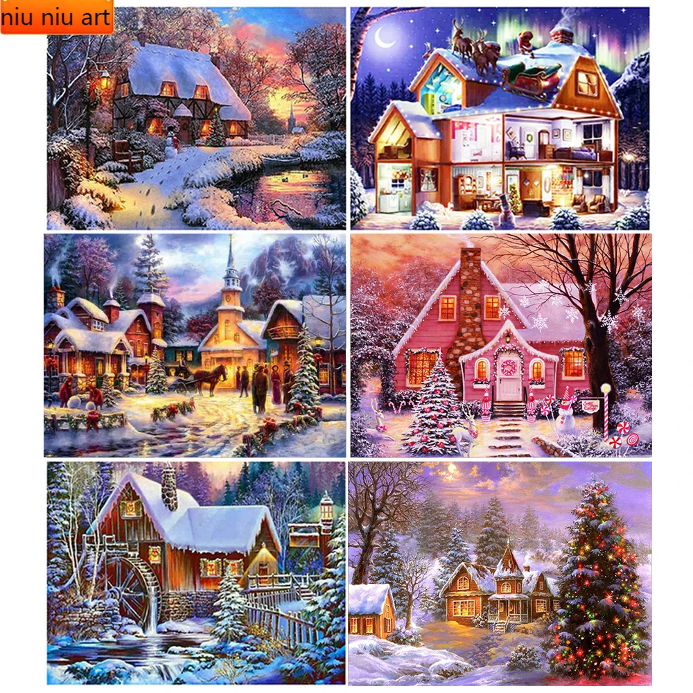 5D Диамантена Картина на Зимна Къща Снежна Сцена Пълна Тренировка Мозайка САМ Диамантена Бродерия Пейзаж Изкуство Коледен Начало Декор Подарък
