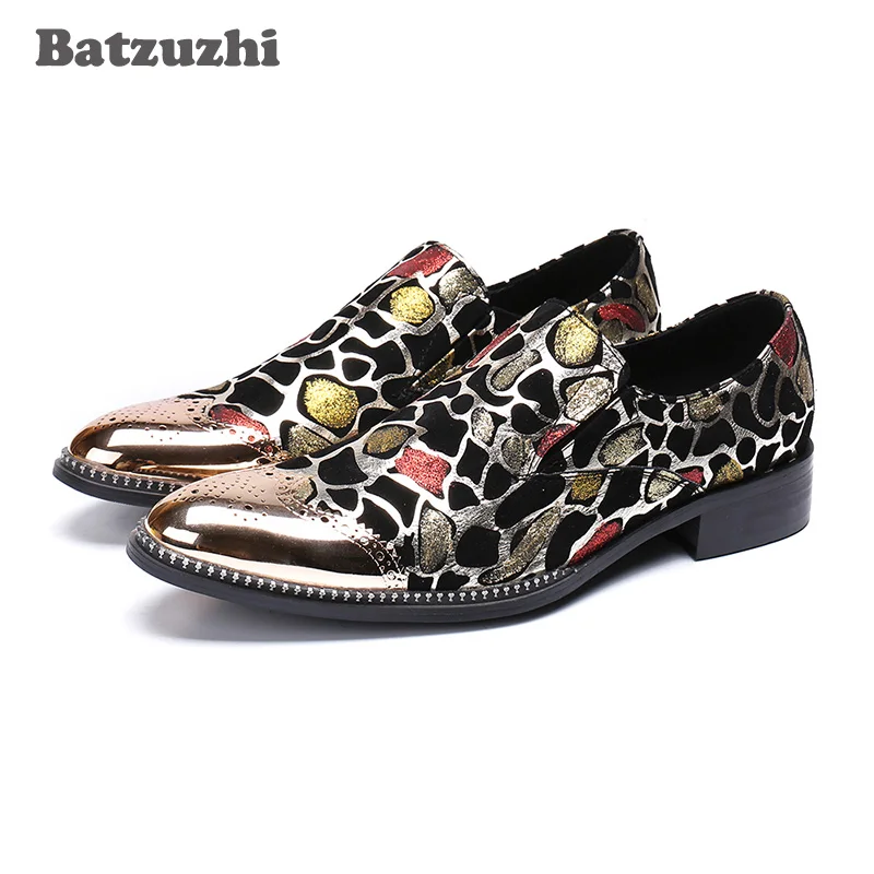 Batzuzhi/ Луксозни мъжки обувки, ръчно изработени, Мъжки обувки-Oxfords с метално бомбе, Лъскави мъжки Кожени модела обувки, Големи US12