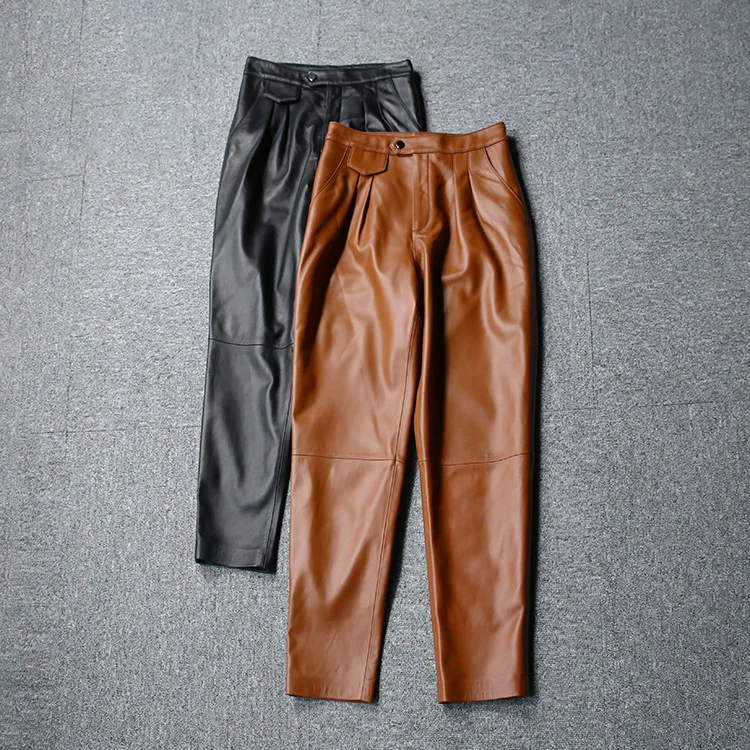 Есенни дамски кожени панталони-молив с висока засаждане, модерни ежедневни панталони от естествена кожа C438 0