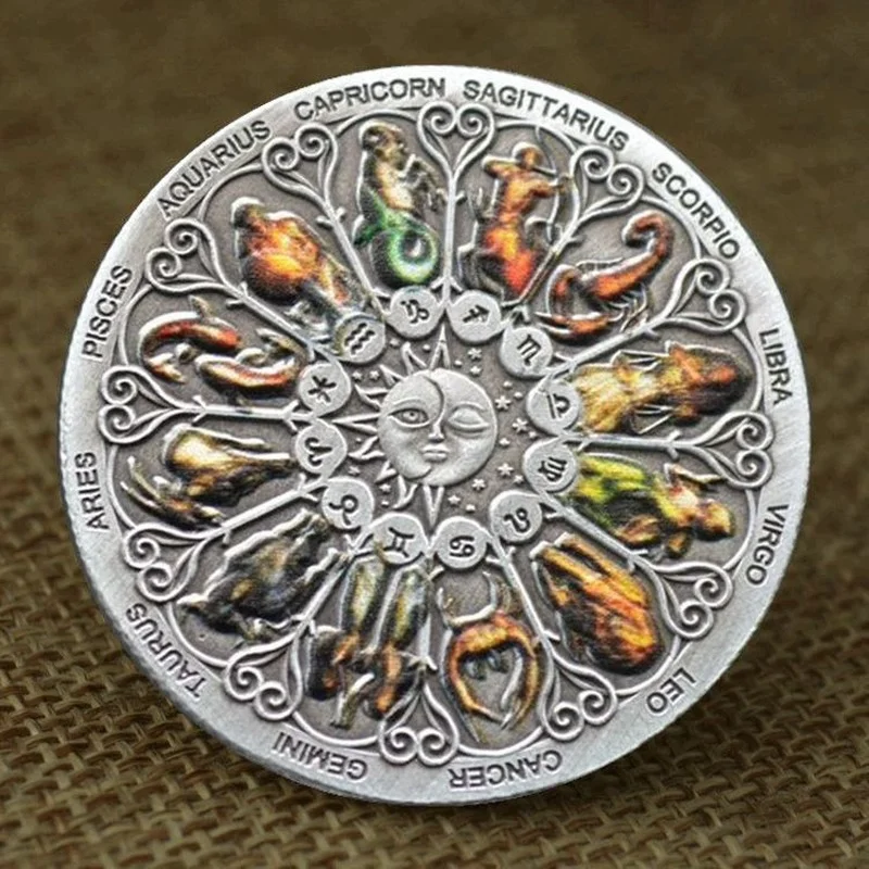 Красивата 12 Съзвездия Тисненая Сребърно Покритие Са Подбрани Монета Е С Цветна Възпоменателна Монета За Подарък Щастливата Монета На Повикване