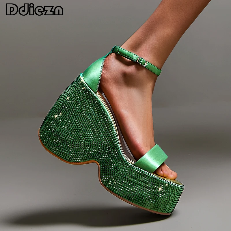 Жените Помпи Дамски Обувки На Висок Ток 2023 Мода На Платформа Дамски Сандали Кристали, Пързалки Кръг Чорап Crystal Клинове Обувки 0