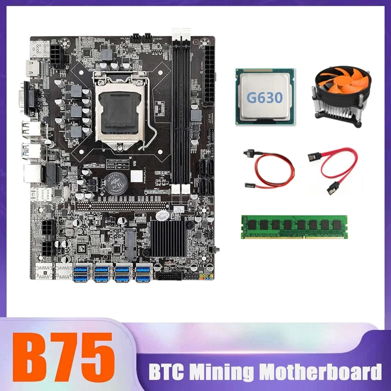 Дънна платка B75 БТК Миньор 8XUSB + G630 cpu + Оперативна памет DDR3 1600 Mhz 4G + Вентилатор за охлаждане на процесора + Кабел ключ + Кабел SATA дънна Платка USB 0
