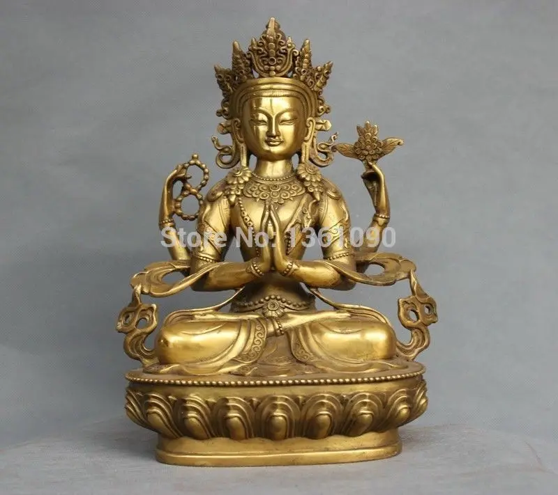 Китай Тибет Бронз 4 Ръце Клан-ин Ченризг Статуя на Буда 20 см
