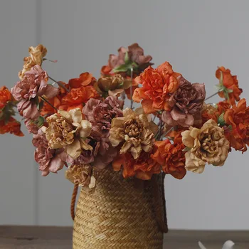 2 бр Ретро изкуствени копринени цветя, клон домашно сватбена украса есенни рози фалшиви цветя