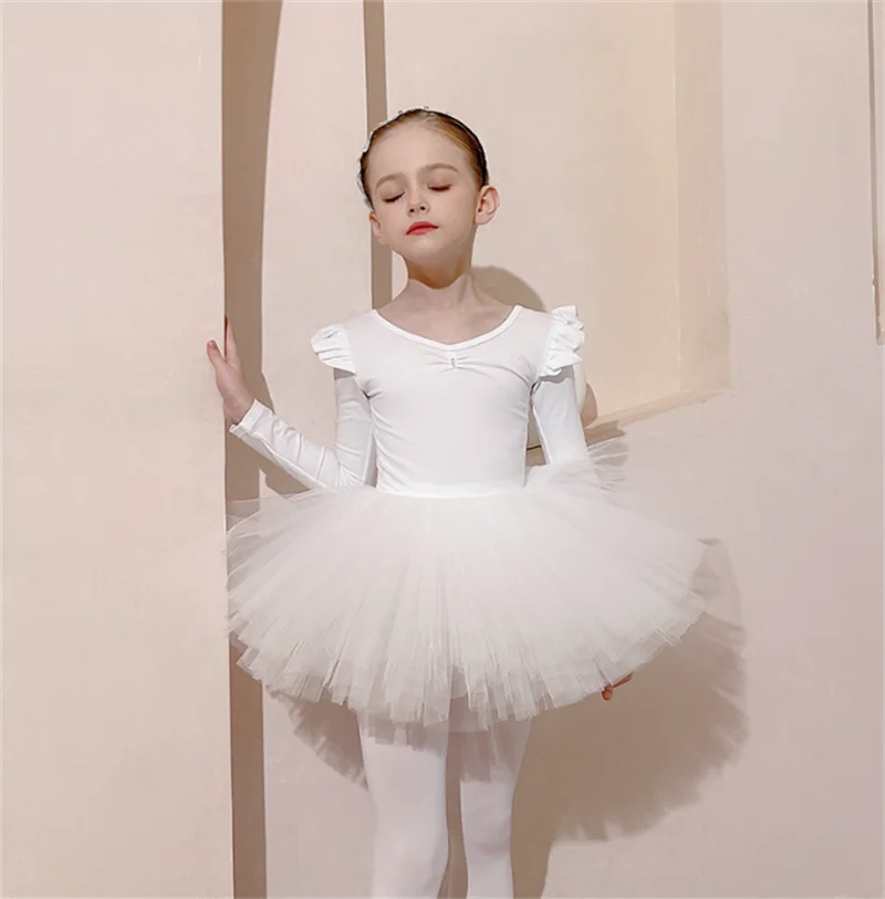 Бяла детска модерен балет дрехи с дълъг ръкав за изказвания, дрехи за страхотни танци за момичета, Цели облекло 1