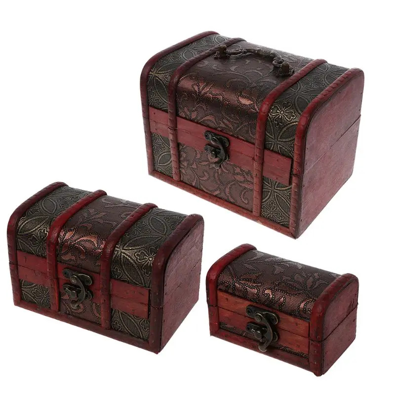 3ШТ Различни Размери Стари Дървени Кутии За Съхранение на Пиратския Сандък Със Съкровища Ковчег За Бижута 1